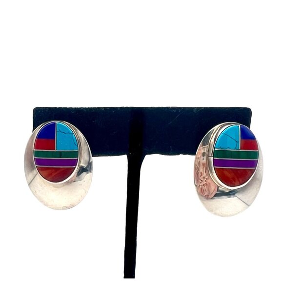 Zuni Jewelry - Vintage Zuni Sterling Silver Oval Earrings Turquoise Coral Malachite Lapis Inlay
